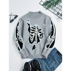 Men'S Casual Skull Pattern Crew Neck Sweater - Acrylic Knit Pullover with Skeleton Design, Grey and Black, Fall/Winter Fashion, Regular Fit