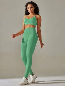 Women's Solid Crop Cami Top & High Waist Leggings Two-Piece Set, Breathable Comfortable Seamless Cropped Activewear Sports Set for Yoga Gym Workout, Ladies Sportswear for All Seasons