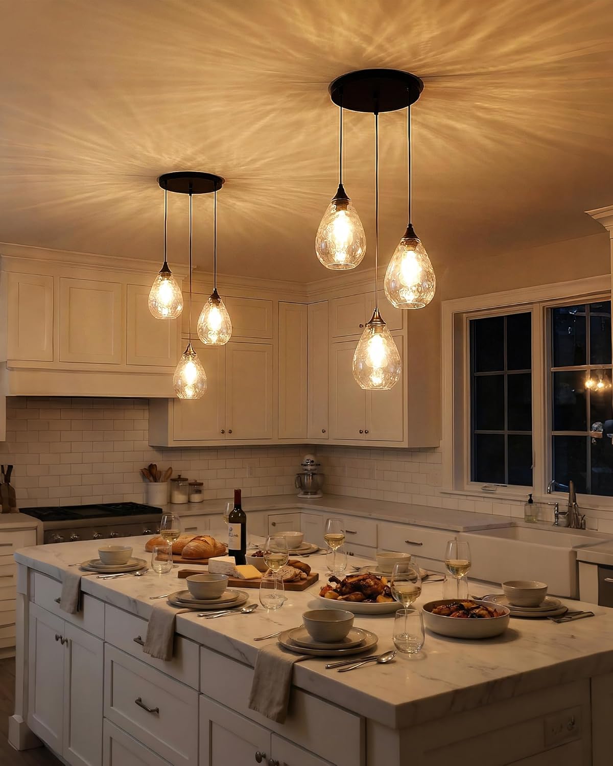 Black 3-Light Pendant Lighting, Modern Dining Room Light Fixture Over Table with Hammered Glass Cluster Hanging Lights for Kitchen Island Dining Room