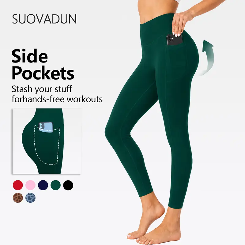 SUOVADUN Women High Waisted Leggings with Dual Side Pockets, Stretchy Yoga Pants for Workout Gym Running and Casual Wear
