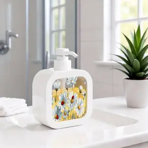 Decorative White Daisy with Ladybug Design Refillable Moisturizing Hand Soap Pump Bottle, Kitchen and Bathroom Soap Dispenser, Elegant Flower Pattern Liquid Container, Easy to Clean Home Decor for Sink, Office, Tabletop, Bathroom Accessory