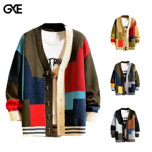 GXЕ Mens Cardigan Sweater Knitted Long Sleeve V Neck Button Down Sweaters Casual Colorblock Ribbing Hem Cuffs Lightweight Stretch Material