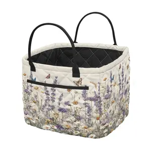 Quilted Storage Basket, Lavender Butterfly Car Interior Organization with Handle Pocket, Mother's Gift for Mom, Soft Foldable Large Mommy Bag for Clothes Toys
