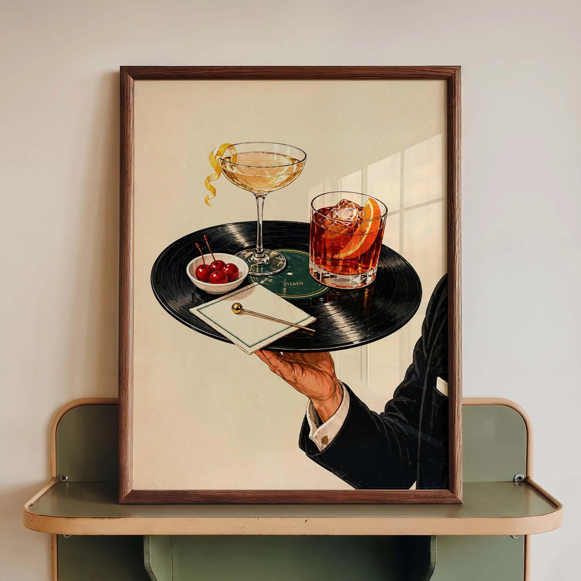 [NO FRAME] Vintage Cocktail Print, Vinyl Record Bar Tray, Retro Martini Lounge Decor