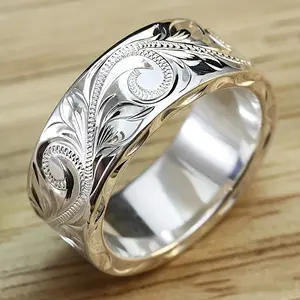 One Lady's Fashion Wide Band Ring Exquisite Hand Carved Leaf Flower Wide Band Ring for Men and Women Daily Casual Party Trendy Accessory