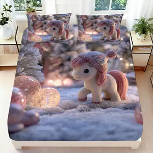 2/3 Pcs 2D Flat Winter Themed Unicorn Fitted Sheet Set Festive Bedding Set Quilt Cover 1 Fitted Sheet + 1/2 Pillowcases Snowy Christmas Decorative Bedding Bedroom Decor