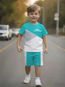 Boys' Short Sleeve Shorts Set, Casual Fashion Style, Fun Patterns, Summer Outdoor Athletic Sports Wear, Breathable Mesh Tee + Shorts Set