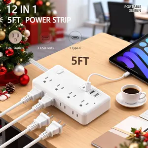 Power Strip Surge Protector, 8 Widely Outlets with 4 USB Ports (1 USB C), Multi Plug Wall Outlet Extender, 5FT Extension Cord Charging Station, Small Power Strip for Travel Home Office College Dorm