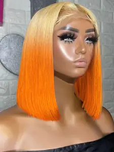 Orange 613 Lace Front Wigs, Human Hair Short Bob Wig, 13x4 Lace Frontal Wig, Pre-Plucked Straight Human Hair Wigs, Knotless Square Wig