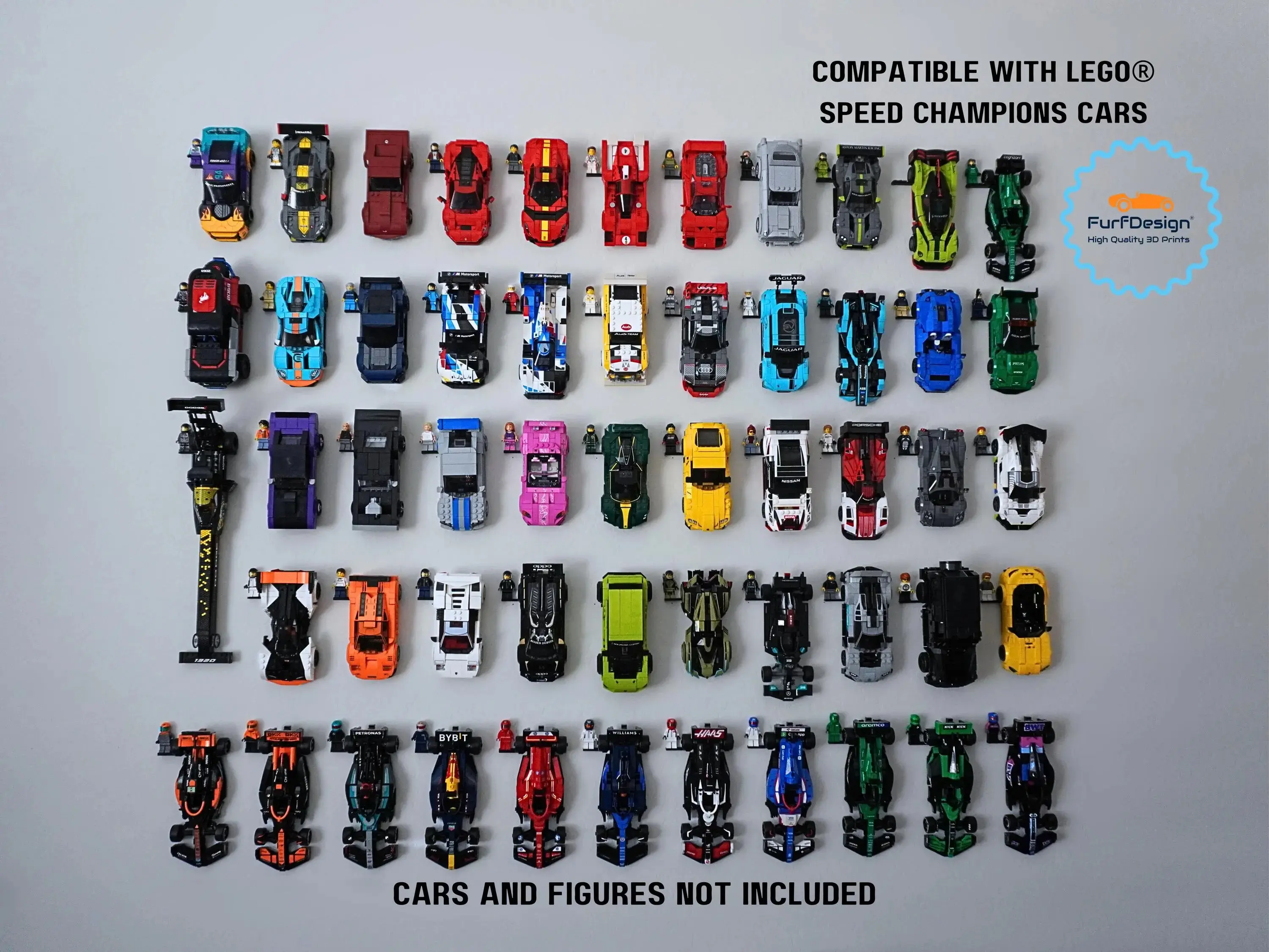 FurfDesign Wall Mount for Speed Champions Brick Cars and Figures; The Original (8-stud wide; 2020-Now) - PATENT PENDING