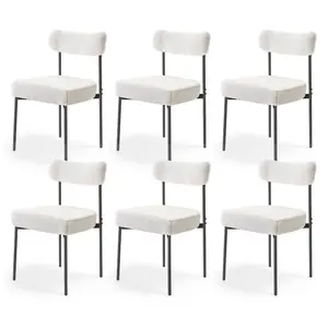 fathersdaygift VEVOR Boucle Dining Chairs Set of 6, Mid Century Modern Sherpa Accent Chairs, Upholstered Side Chair for Dining Table, Space-Saving White Kitchen Table Chair with Curved Backrest and Black Metal Legs