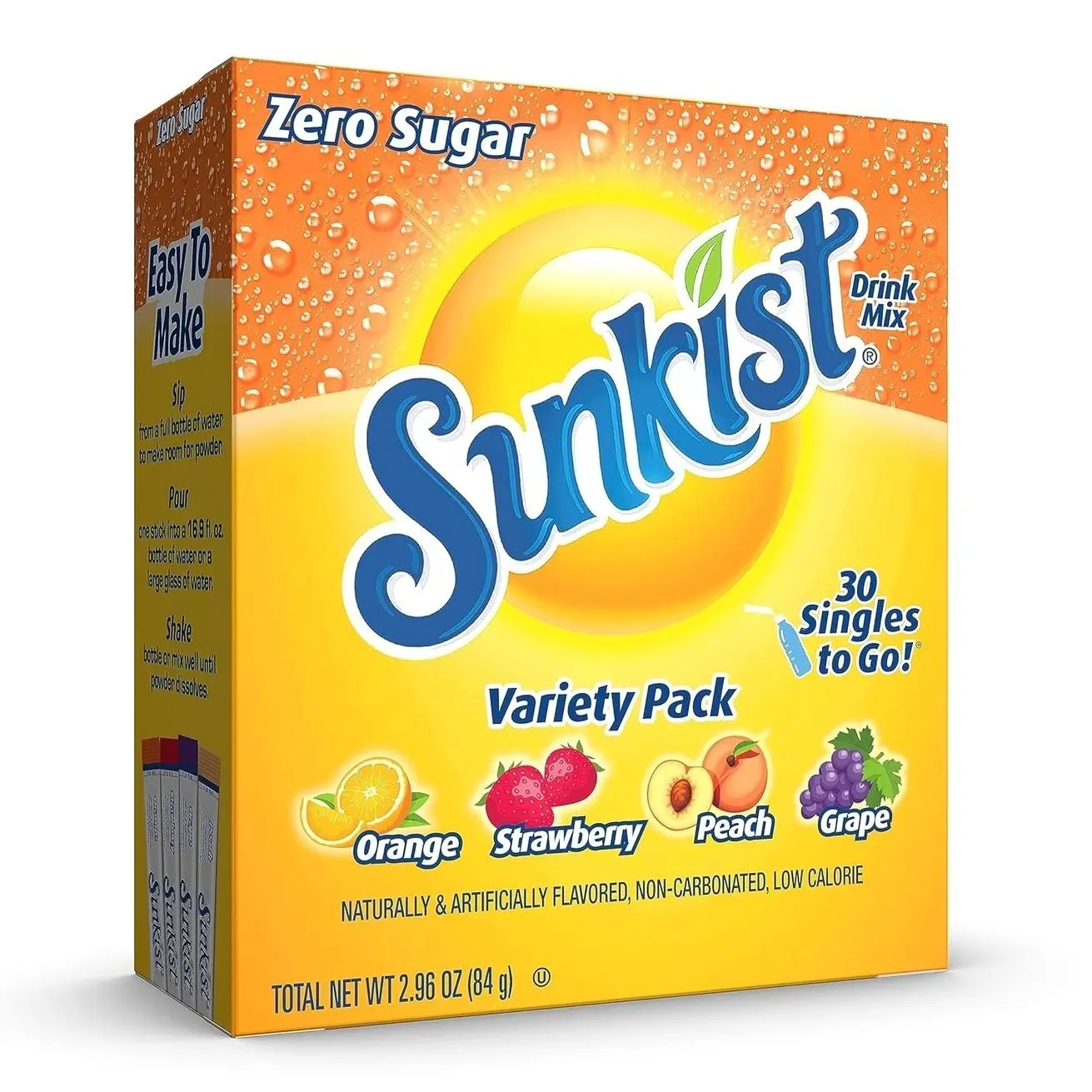Singles To Go! Sunkist Soda Powdered Drink Mix, Variety Pack, 30 Packets | Sugar Free and Low Calorie Drink Mix, Hydration Packets Include 4 Soda Flavors, 1 box (30 single servings)