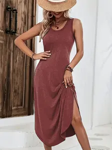 Women's Sleeveless Split Back Vest Dress, Casual Slim Fit High-End Style, Outerwear Home Wear, Fashionable Women's Clothing