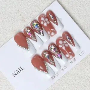 10 Piece Handmade Square Press-On Nails with Ab Rhinestones and Floral Design, Shiny Nude and Colors, Perfect for Weddings and Parties, Glitter Rhinestones