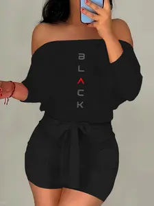 Women's Letter Print Off Shoulder Crop Top & Shorts Two-Piece Set, Casual Fashion Cozy Top & Shorts for Daily Outdoor Wear, Ladies Clothes for All Seasons, Suits, Womenswear, Fall outfit, Lounge Sets