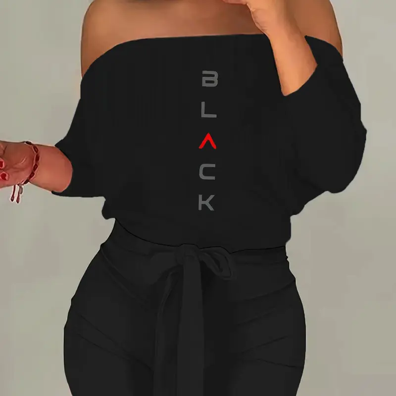 I8016b1 New European and American Style Two-Piece Set, Colorblock One-Shoulder Tie Print, Chic Fashionable Women's Clothing Matching Set Summer