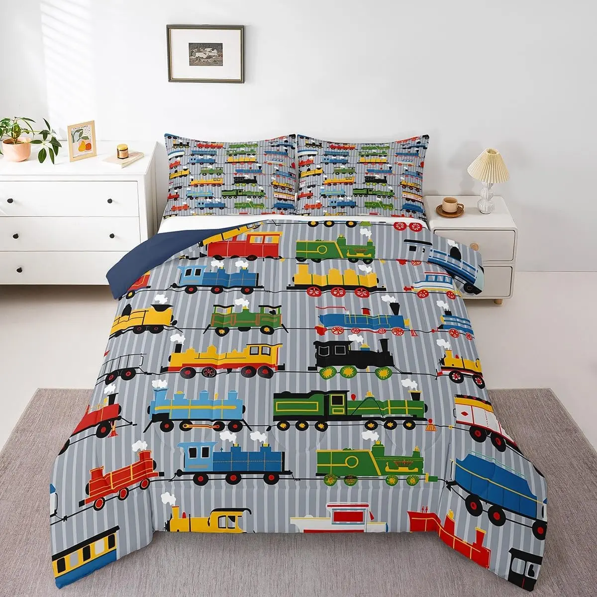 Feelyou Quilted Duvet Comforter Set - Cozy Bed Setup Queen Size, Soft Cartoon Steam Engine Truck Train Printed Blanket, Breathable Low Roll Over Camping Bedding for Boys, Machine Washable
