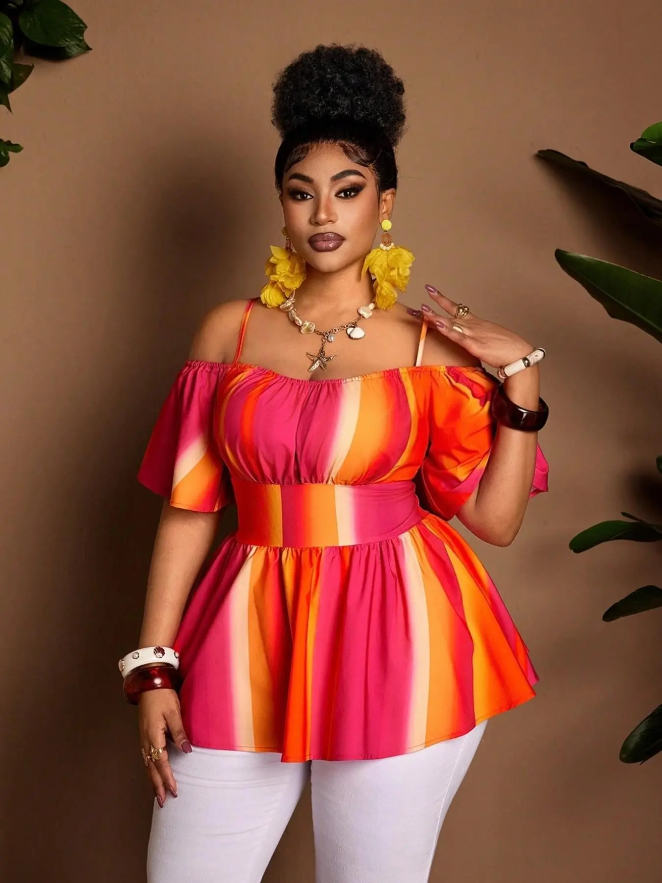 Plus Size Gradient Striped Off-Shoulder Top, Bubble Sleeve & Waist Cinched Design, Eye-Catching Casual Summer Womenswear Blouse Shirt