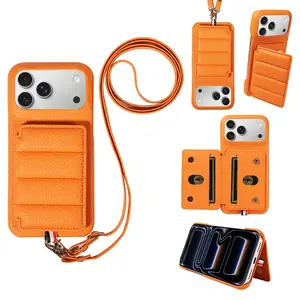 Apple Case 17 Pro Max/17 Pro/air/17/16 Pro Max Dual Snap Lychee Pattern Protective Phone Case with Color Strap Crossbody Multi-Card Protection