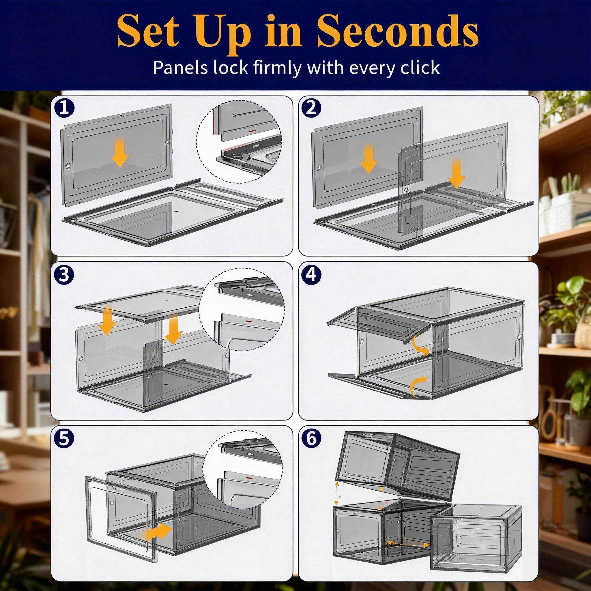 12 Pack Clear Black Shoe Storage Boxes, Stackable Plastic Shoe Organizer with Drop Front Door, Transparent Sneaker Storage Cases for Closet, Space Saving Shoe Containers for Men and Women, Foldable Shoe Box Organizer for Home