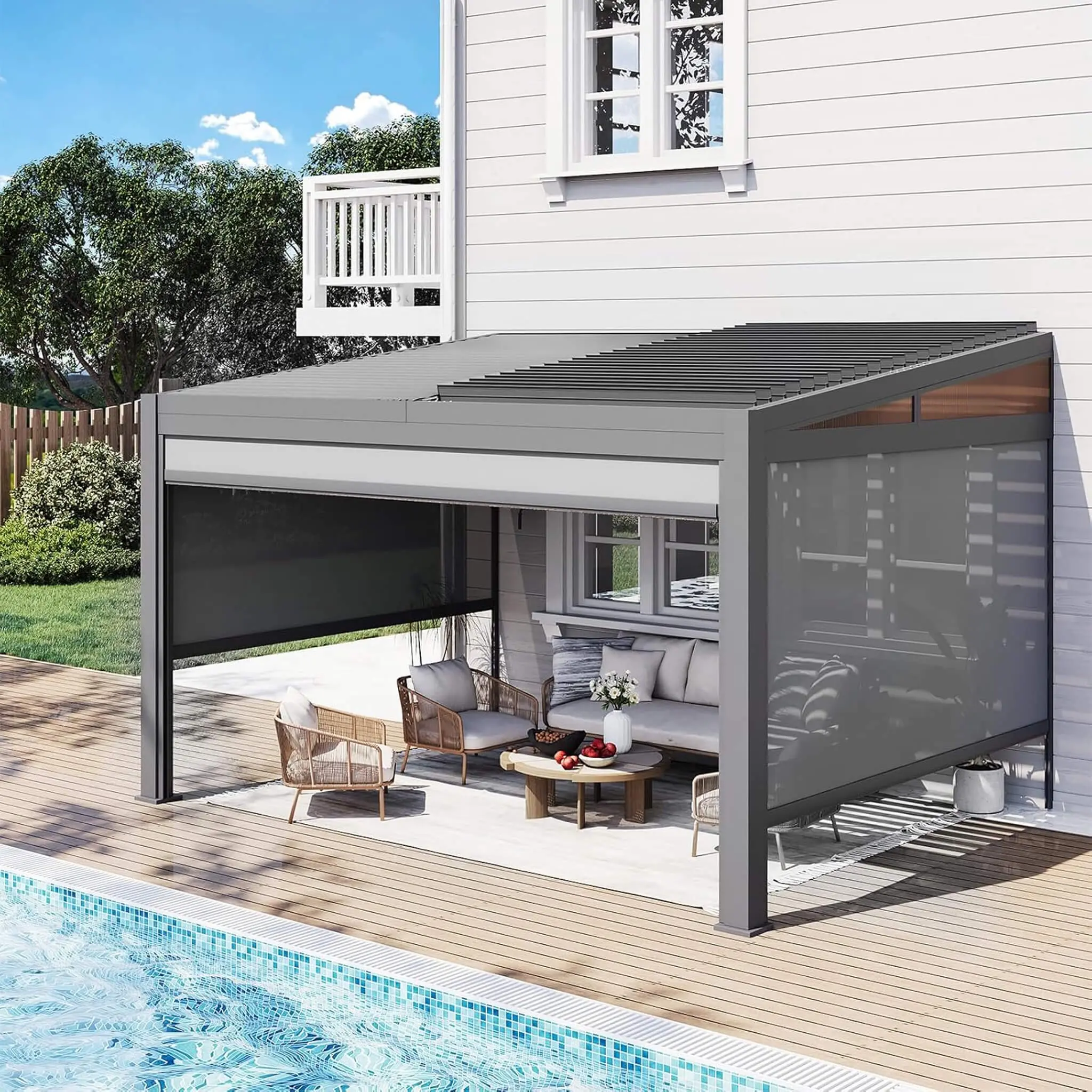 Alora Luxury Sturdy Wall-Mounted Aluminum Louvered Pergola - Adjustable, Retractable Screens, Polycarbonate Sun Protection Panels, Customizable Sunlight, Easy Install Backyard Outdoor Living (SAK91537)