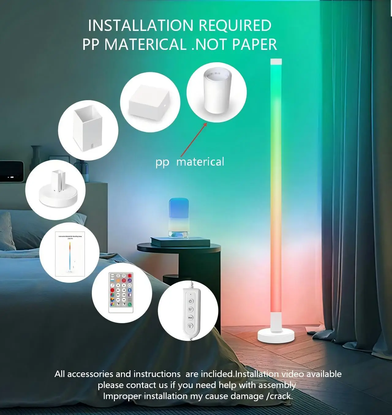 1.2m Smart PP RGB LED Corner Floor Lamp, App & Remote Control, 16M Colors, Music Sync, Scene Modes, Modern Standing Lamp for Living Room, Bedroom