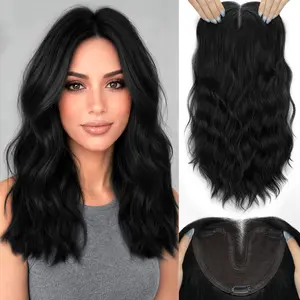 HIUSVO Hair Toppers for Women with Thinning Hair, T Part Lace Synthetic Clip in Topper Hair Extensions with Adjustable Band, 16 Inch Curly Wave Adds Volume and Natural Coverage