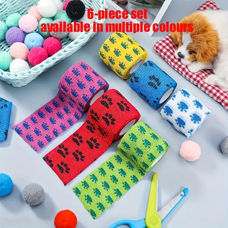 6pcs Multicolor Elastic Pet Bandages - Self-Adhesive Disposable Wraps, 5Cm/1.97In, for Cats & Dogs, Ideal for Sports Injuries And Finger Protection, Home Essentials, |Vibrant Bandages|Elastic Bandages, Pet Bandages