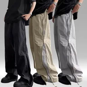 Casual street style pants, men's breathable mesh wide-leg pants three-piece set, with breathable mesh on the sides, color-blocked straight-cut wide-leg loose sports pants, suitable for daily casual wear