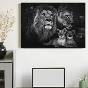 Lion Family Wall Art Canvas Poster Print Wooden Frame or Unframe Black and White Wildlife Animal Decor for Living Room Bedroom Bathroom Toilet Modern Nature Wall Decor Multiple Size Option
