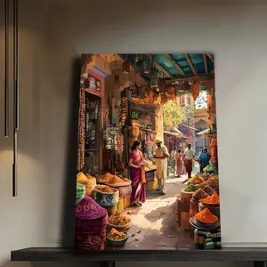 Indian Spice Market Wall Art, Traditional Indian Market Scene Poster, Vibrant Sari Stalls & Spice Colors, Cultural Home Wall Decoration For Kitchen, Living Room