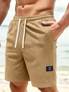 Men’s waffle-textured loose casual summer Bermuda shorts with letter print and a drawstring waist