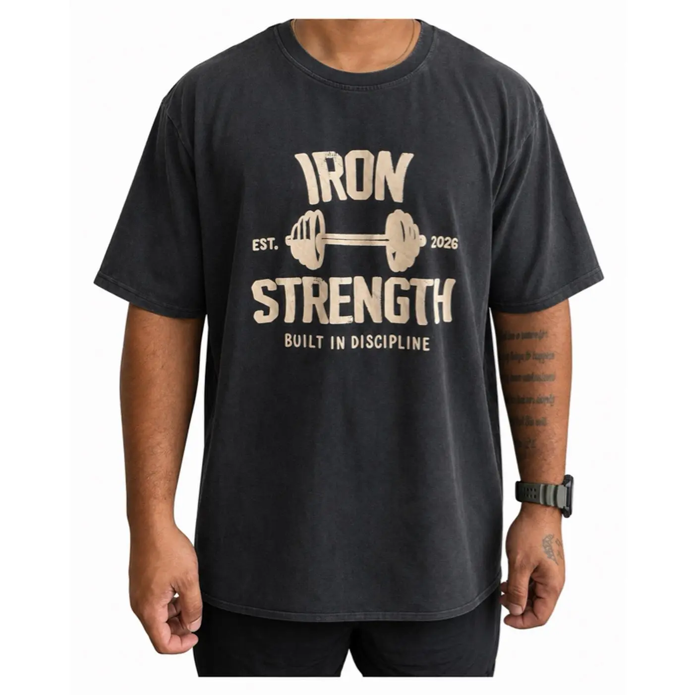 Iron Strength Cropped Baggy Acid Wash T-Shirt for Men