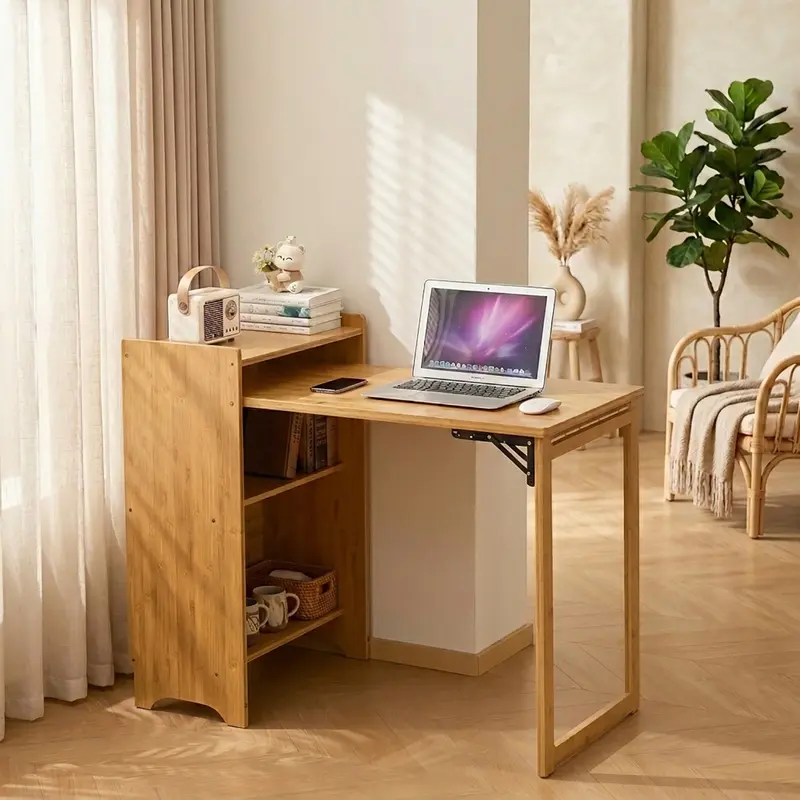 Natural Bamboo Folding Desk with Hidden Storage Shelves, Space-Saving Foldable Computer Desk, Mid-Century Modern Multi-Functional Writing Vanity Side Table, Eco-Friendly Sturdy Compact Desk for Home Office Bedroom Small Apartment Living Room