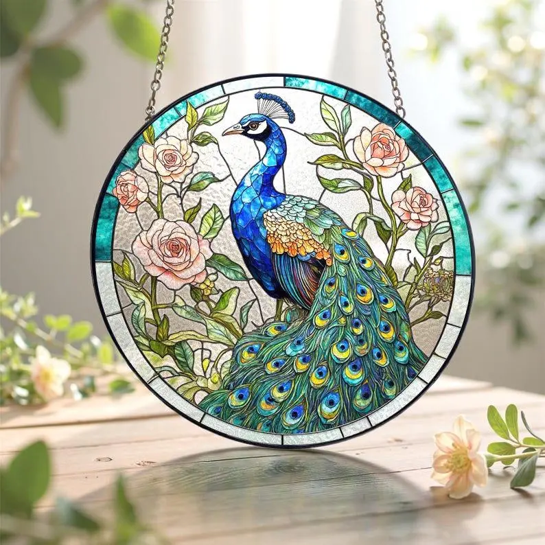 Peacock Stained Acrylic Suncatcher, Colorful Peacock & Rose Window Hanging, Bird Wall Art, Gift for Mom or Grandma, Gifts for Bird Lovers