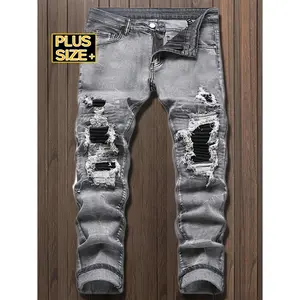 Men's Plus Size Grey Ripped Patchwork Jeans, Distressed Denim Pants with Hole Detail, Skinny Fit Cotton Jeans, Streetwear Casual Trousers, Trendy Fashion Jeans for Men, Unique Design