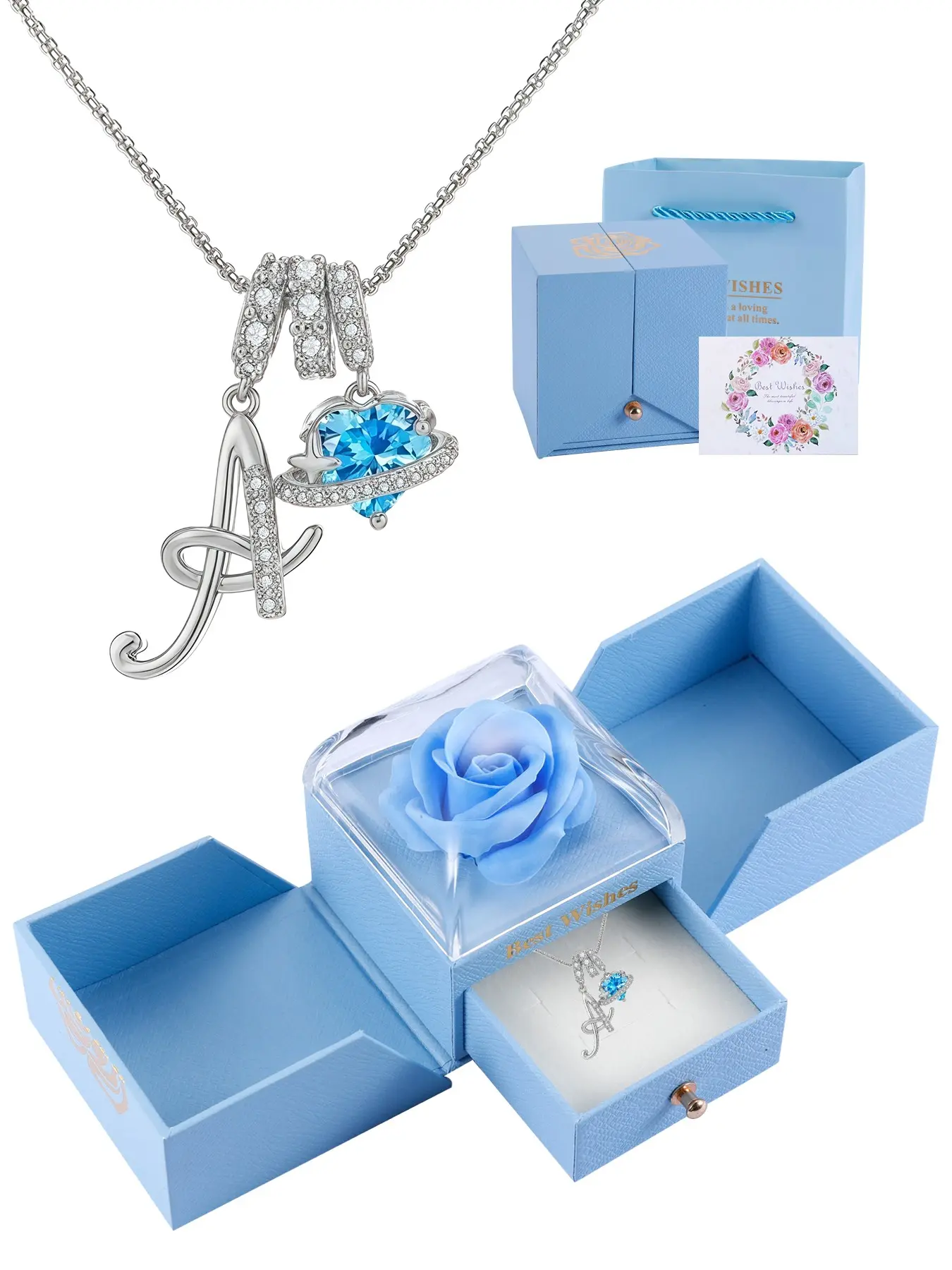 Women's Cz Birthstone Charm Necklace, Alphabet Necklaces, Elegant Necklace, Personalized Initial Necklace with Rose Jewelry Box, A-Z Letter Pendant, Jewelry Gift for Wife Girlfriend Mom Daughter Birthday Christmas Jewelry Gifts