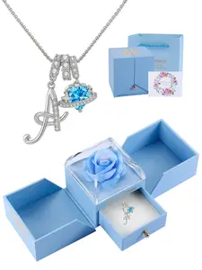 Women's Cz Birthstone Charm Necklace, Alphabet Necklaces, Personalized Initial Necklace with Rose Jewelry Box, A-Z Letter Pendant, Elegant Gift for Wife Girlfriend Mom Daughter Birthday Christmas Jewelry Gifts
