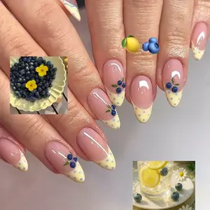 24pcs Sweet Almond Press-On Nails, Blueberry Polka Dot Fruit Nail Art, Short Glossy Fake Nails, Wearable and Removable, Spring Design
