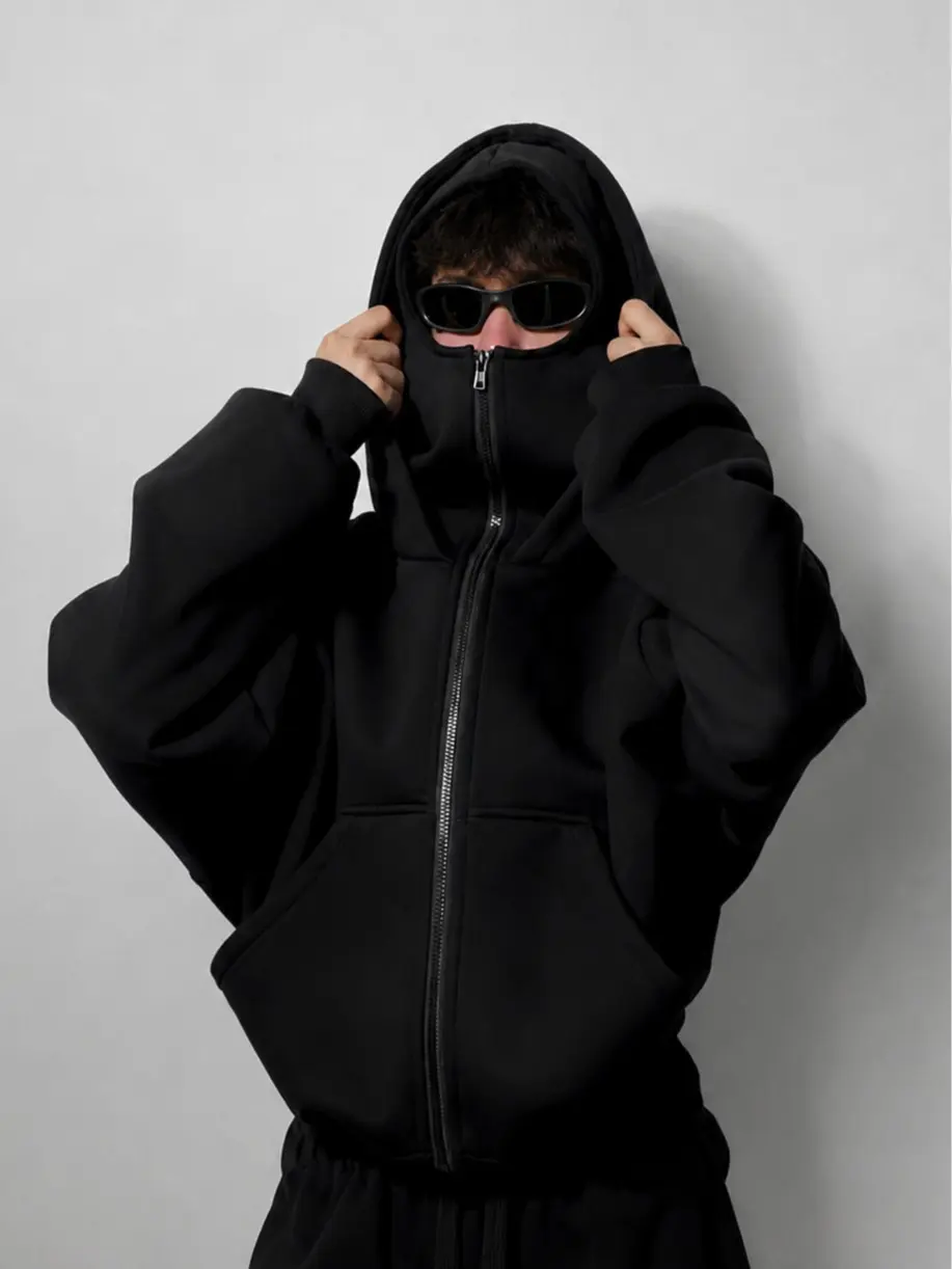 Men's Balaclava Mask Double Hood Zip Up Hoodie, Oversized Windproof Full Zip Sweatshirt, Techwear Streetwear Top for Fall Winter Outdoor Wear