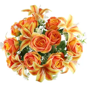 2 Set Artificial Cemetery Flowers with Grave Vase-2 Bunches Lilies & Rose Mixed Orangish Yellow Silk Memorial Flowers-2 Cemetry Vase with Foam for Outdoor Headstones Gravesite Graveyard Decorations