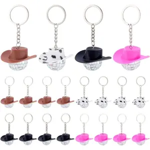 PH PandaHall 20pcs Western Cowboy Hat Keychain, 4 Colors Plastic Mini Hats Charm Keyring with Mirror Disco Ball Cowgirl Hat Shape Key Chains for Western Party Favors Gifts Crafts Christmas Home Decor