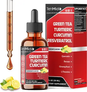 Green Tea Extract Liquid Drops - 9in1 with Turmeric Curcumin, Resveratrol, Quercetin, Bacopa, Panax Ginseng, L-Theanine, Pomegranate and Black Pepper - 30ml 1 Fl Oz