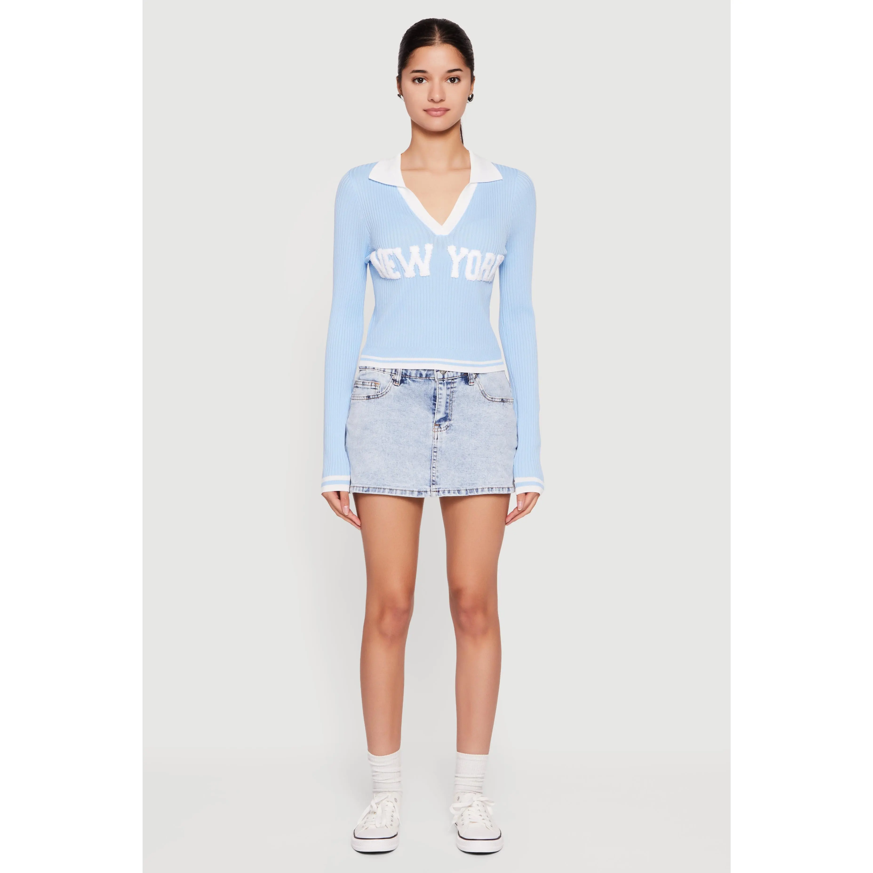 Chenille New York Patch Graphic Varsity Stripe Sweater
