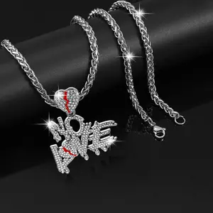 Shiny No Love Letter Pendant Necklace - Keel Chain Miami Necklace Hip Hop Jewelry for Men Women Gift Heart Versatile Design Zinc Alloy Cz Bling