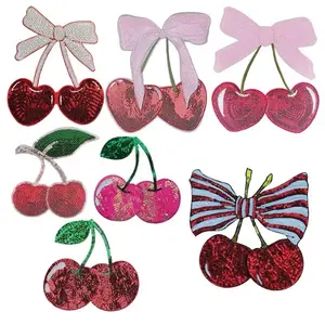 Sequin Iron on Cherry Patch - Assorted Designs with Bows, Includes Red Cherry, Pink Heart, and Cherry with Green Leaf