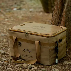 36L Camping Storage Bag with Wooden Top, Portable Outdoor Organizer for BBQ, Picnic, Travel and Car Camping, Outdoor Camping Supplies