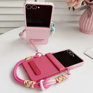 Gradient Candy Color Bracket Wrist Strap Phone Case For Samsung Galaxy Z  Flip 7 FE 6 5 4 3 Hinge Protection Matte Hard Cover