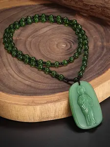 Hot Selling Religious Gift Fake Green Imperial Jade Zodiac Buddha Amulet Pendant Ancient Style Jade Protection Necklace, Spiritual Jewelry for Men Women