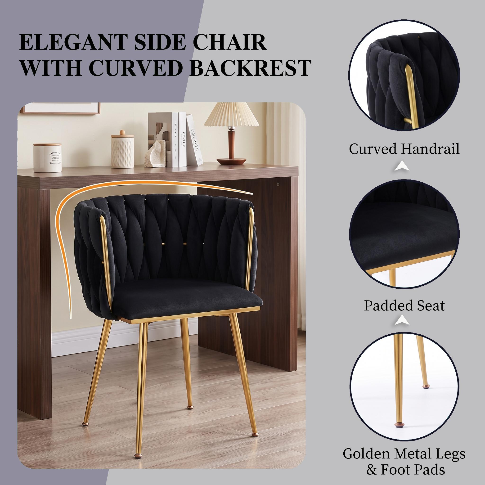 Eyisean 28" H Velvet Modern Dining Chairs Set of 2, Luxury Upholstered Side Chair with Curved Woven Backrest, Durable Accent Chair with Golden Metal Legs, Easy Assembly for Dining Room, Kitchen, Living Room